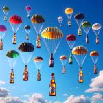 DALL·E 2023-11-21 08.51.24 - A whimsical and surreal scene showing beers with parachutes descending from the sky. The background is a clear blue sky with a few fluffy white clouds.png